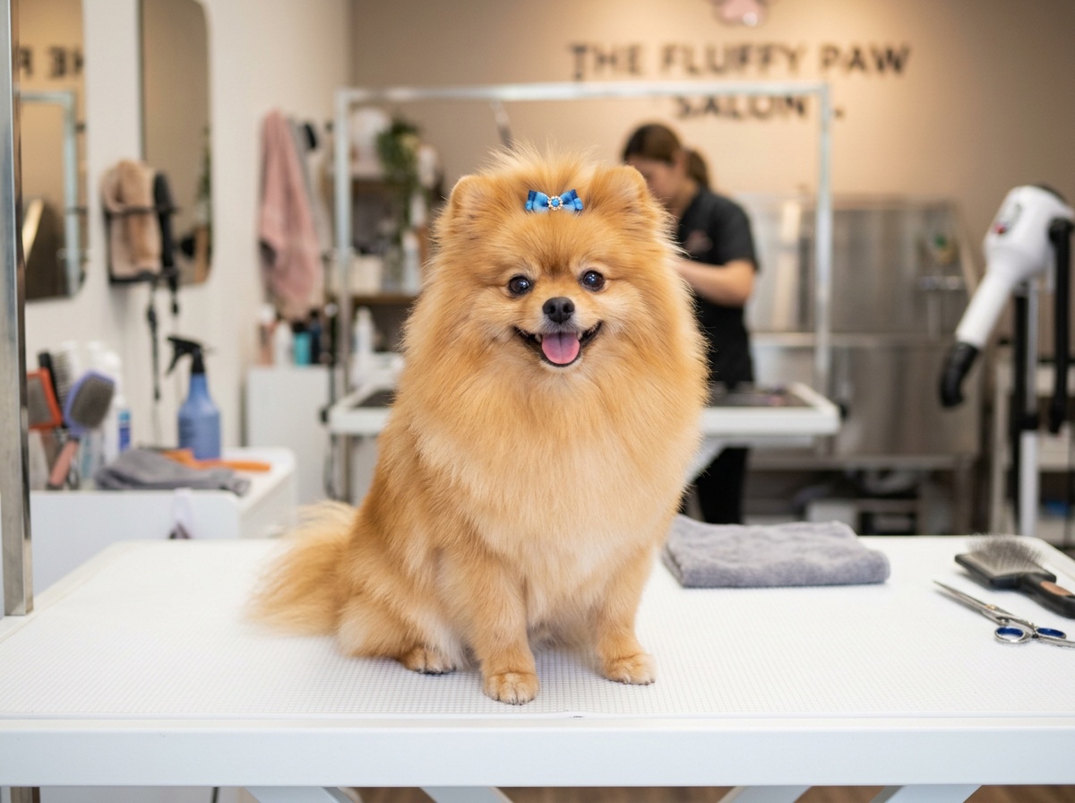 Perfectly groomed Pomeranian at Kumar Grooming