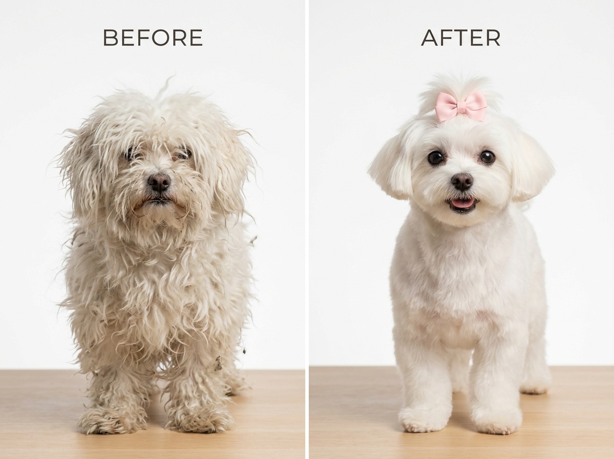 Before and after grooming transformation at Kumar Grooming